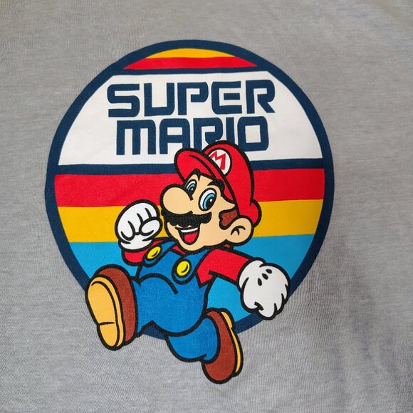 Super Mario Nintendo Ringer T-Shirt Boys Size Large Gray Blue Cotton Crewneck - Picture 3 of 8